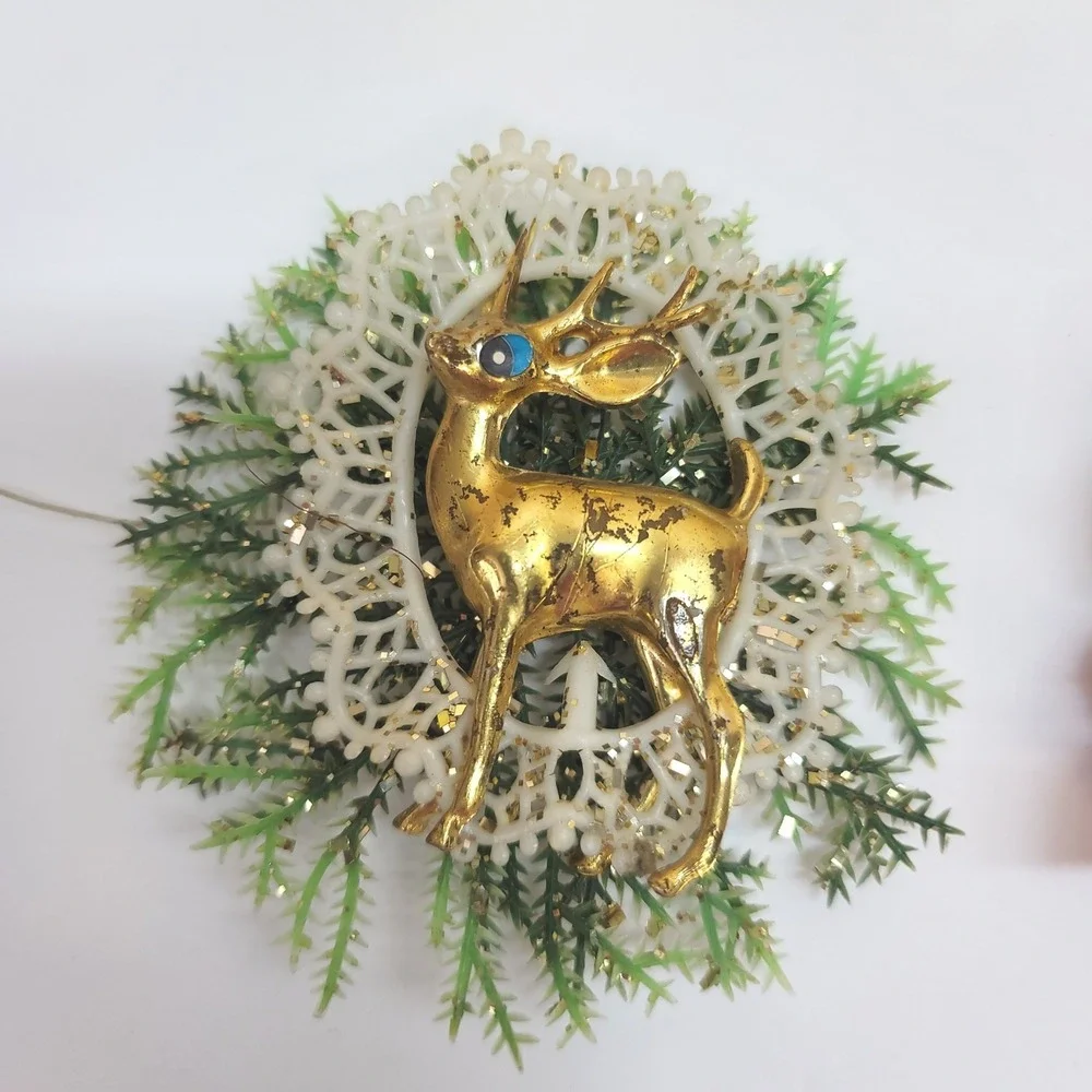 Vintage Christmas Lot Diorama Balls & Elf Ornaments Gold Deer Floral Decor